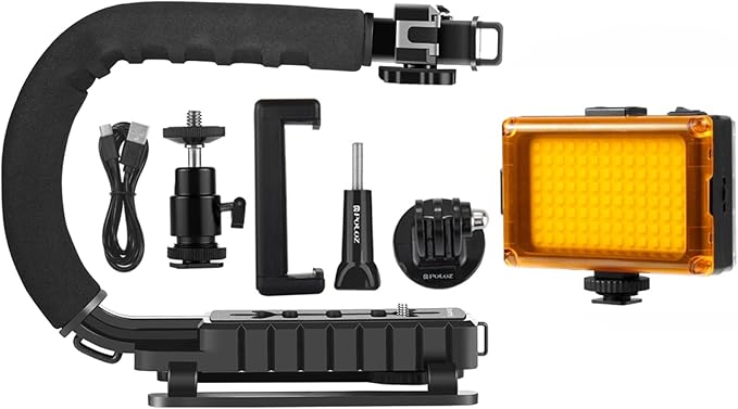 PULUZ U/C Shape Video Action Stabilizing Handle Grip Handheld Stabilizer Kit with Phone Clamp & LED Studio Light for Canon Sony Nikon Cameras and Home DV Camera Smartphones