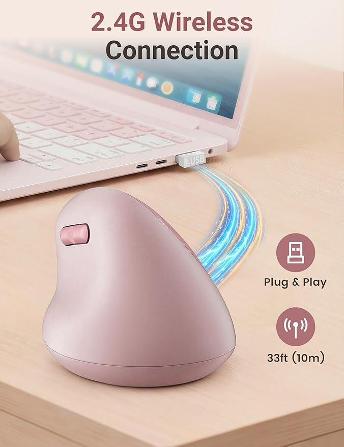 Ergonomic Vertical Wireless Mouse, 57° Natural Handshake for Wrist Pain Relief, Rechargeable 2.4G USB Computer Mouse, Quiet Click, 800/1200/1600 DPI, for Laptop PC Mac, Small/Medium Hands (Pink)