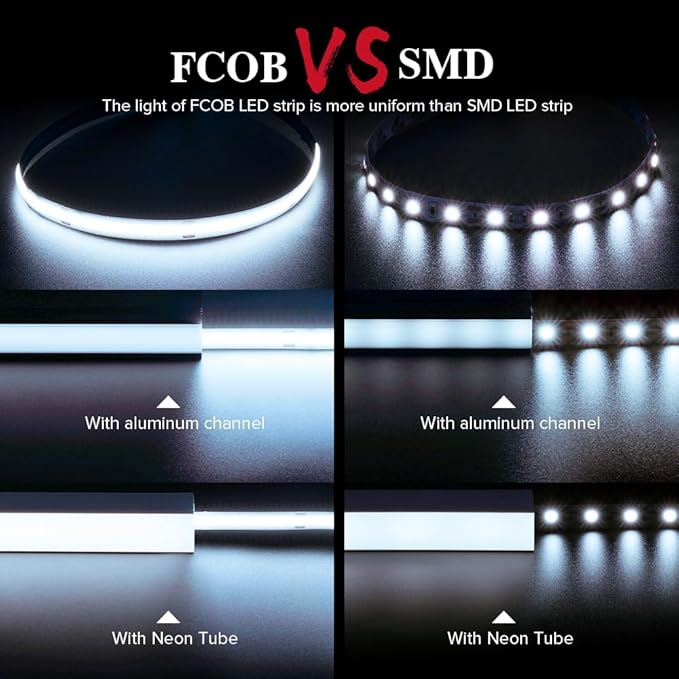 BTF-LIGHTING FCOB COB LED Strip 528LED/m Flexible High Density Uniform Light 14W/m 16.4FT DC24V Daylight White 6000K CRI 90+ 10mm Width for Home Indoor Decoration(No Adapter or Controller)