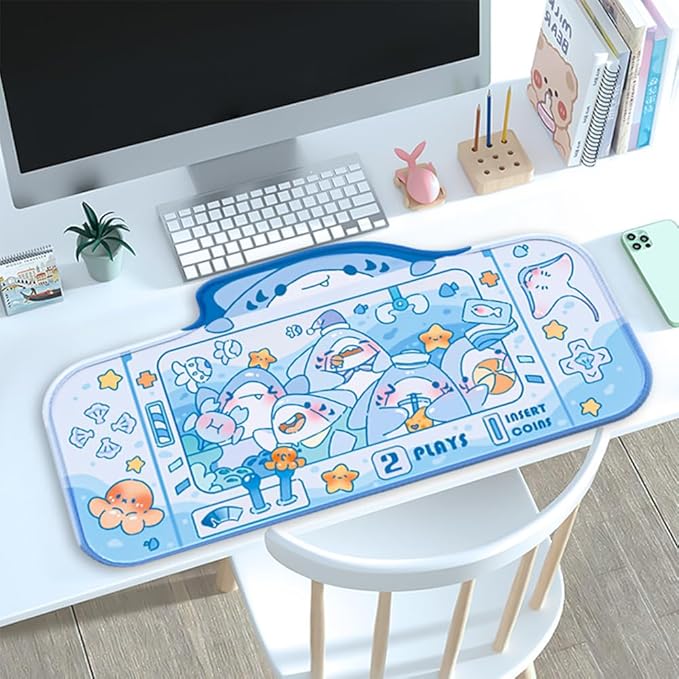 PERFECTSIGHT Cute Shark Party Desk Mat Kawaii Desk Pad, Switch Large Gaming Mouse Pad, Funny Crane Machine Deskmat Mousepad, Anime Blotter Protector Laptop Keyboard Pad for Women Kids Girls Boys