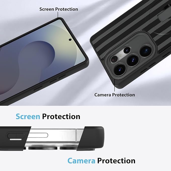 KANGHAR Compatible with Samsung Galaxy S25 Ultra Case, Support for MagSafe, Silicone Stripes Cute Pattern, Wristband Kickstand Camera Protection Soft Slim Cover for Girls Women -Black