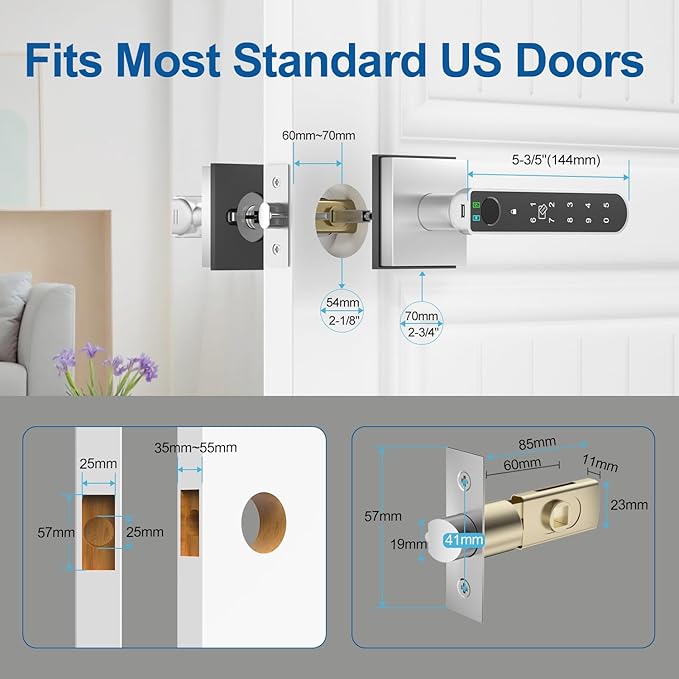 BIWIBON Fingerprint Door Lock, 5 in 1 Finger Print Door Knob with Smart APP/Fingerprint/IC Cards/Password/Backup Keys, Smart Door Knob with Keypad for Bedroom, Office, Apartment, Square Silver
