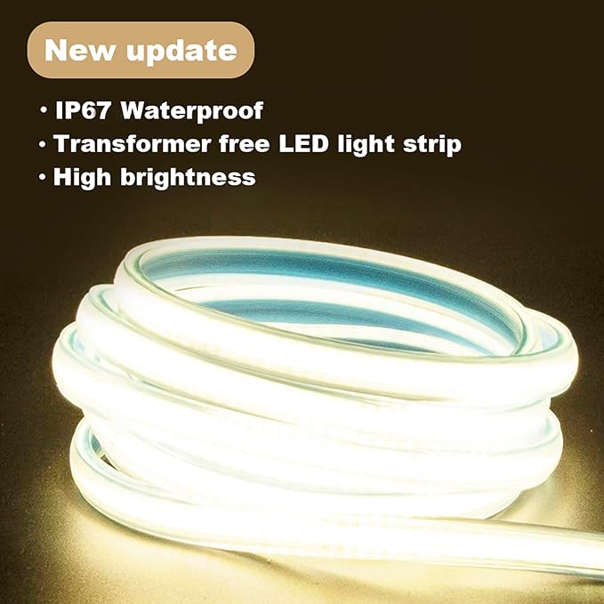 3 Meter LED Strip Lights with US Plug 110v 9.84 Foot Waterproof LED Rope Light Flexible Dimmable COB LED Strip with Plug-in for Kitchen and Bathroom (Warm White, 9.84ft)
