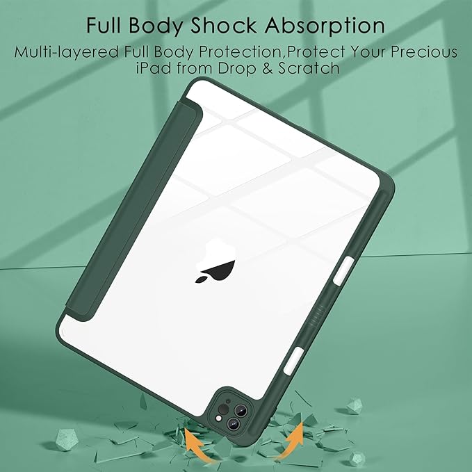 Soke Case for iPad Pro 12.9 Inch (6th/5th/4th/3rd Generation, 2022/2021/2020/2018) - Pencil Holder + Auto Sleep/Wake + Camera Protection, Transparent Shockproof Back Cover, Midnight Green