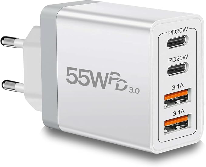European Travel Plug Adapter USB C, 55W USB C European Charger 4-Port Fast Charger Type C Wall Charger USA to Europe Plug Adapter for iPhone 17 16 15 14 13 12 11 Pro Max X 8, Galaxy, Android
