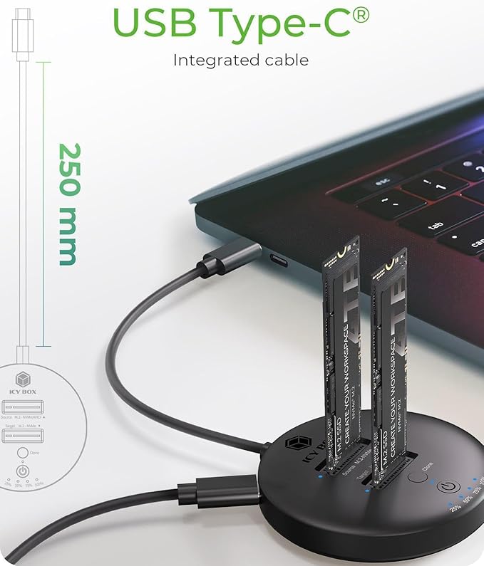 M.2 NVMe SSD Cloner, Dual Bay NVMe SATA SSD Enclosure, ICY BOX 10Gbps M.2 Duplicator Cloner, Support Offline Clone, M.2 Docking Station for M Key PCIE NVMeSSD Reader in Size 2230/2242/2260/2280/22110