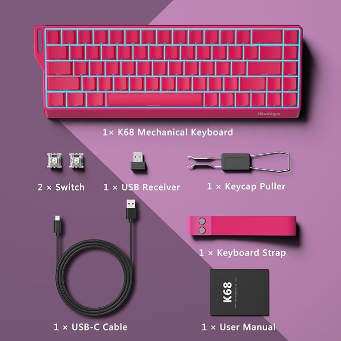BlueFinger 60% Wireless Mechanical Gaming Keyboard, Bluetooth/2.4G/USB-C Hot Swappable RGB Backlit Keyboard with Side-Printed PBT Keycaps, for MAC Xbox PC PS5, Pink