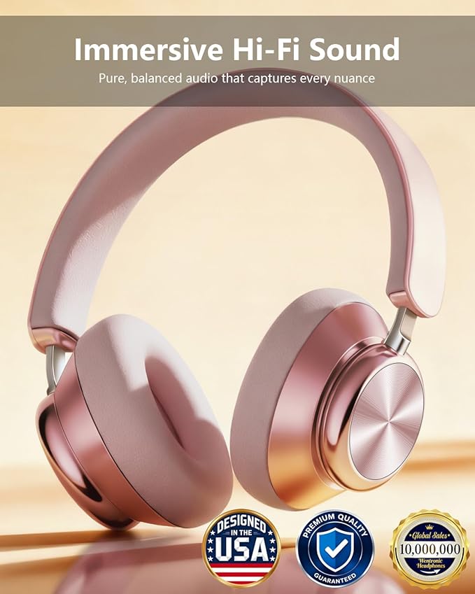 Wentronic Y03 Bluetooth Headphones Wireless Active Noise Cancelling Over Ear Headphones 48 Hours Playtime High Sound Quality 6 EQ Music Mode Headphones with Soft Ear Cushion - Pink