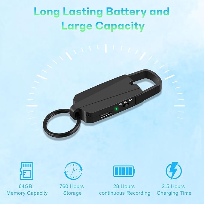 64GB Digital Voice Recorder with Playback - Keychain Voice Activated Recorders Audio Recording Device - 760 Hours Capacity for Lectures Meetings Music