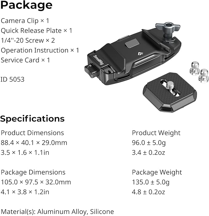 SMALLRIG Camera Clip with Plate, Quick Release System, Max Payload 40kg/88lb, for Sony, for Nikon, for Fujifilm, for DSLR Action Camera, Backpack Strap Clip Kit for Arca-Swiss - 5053
