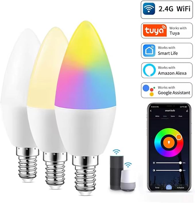 Candelabra Smart Light Bulbs 60W Equivalent, 450LM 5W LED Bulb Compatible with Alexa/Google Home, RGBCW 16 Million Color Changing Light Candle Bulb, No Hub Required, 2.4G (E12) (1)