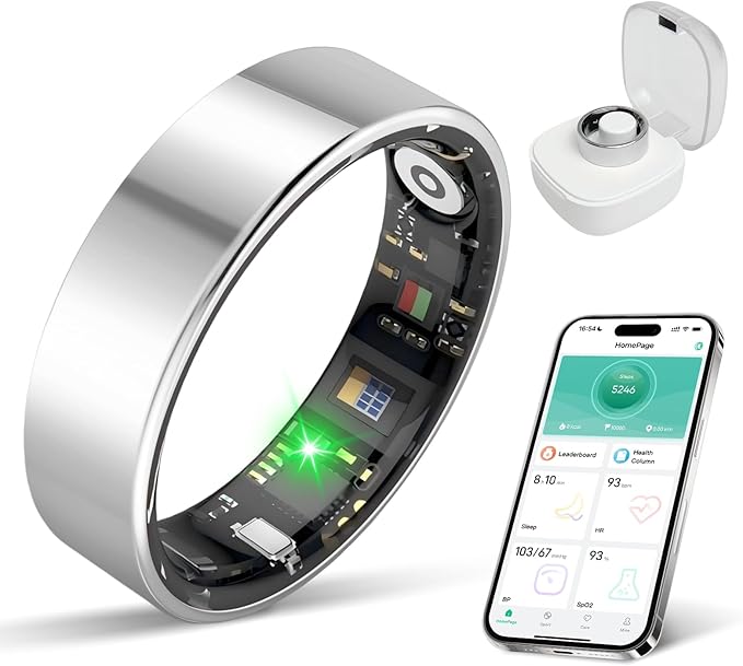 BIEMHA IP68 Waterproof Smart Ring - Fitness & Health Tracker with Sleep/Exercise Monitoring, Unisex for Women Men, iOS & Android Compatible, Long Lasting Battery Life, No Subscription (Silver, 7)