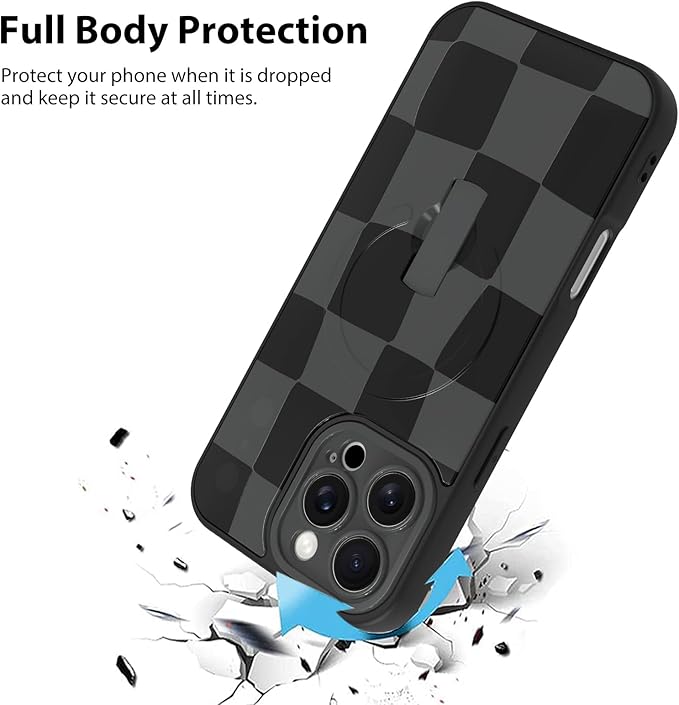 KANGHAR Compatible with iPhone 16 Pro Case, Support for MagSafe, Silicone Checkered Cute Pattern, Wristband Kickstand Camera Protection Soft Slim Cover for Girls Women -Black