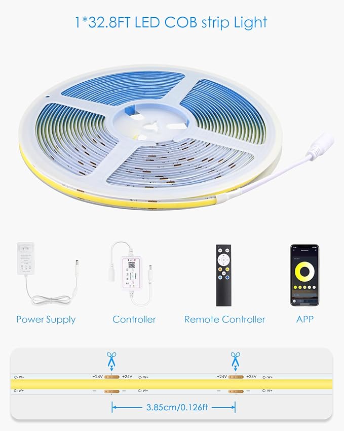 24V CCT COB LED Strip Light for Bedroom Tunable White 3000-6500K 32.8ft/10M Bluetooth App Control Led Tape Lights with Remote Self-Adhesive 480LED/M Light Strips for Under Cabinet(Include Power Supply