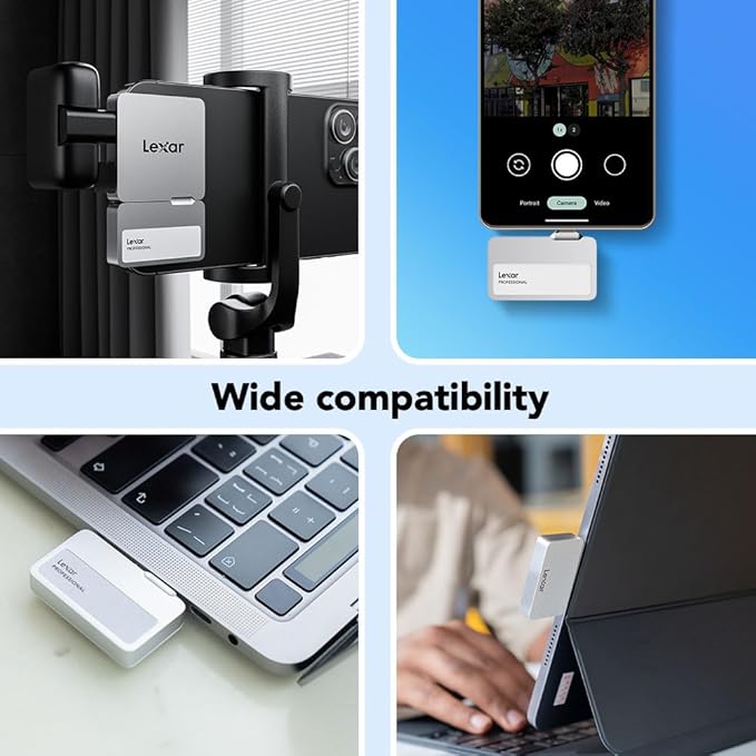 Lexar 2TB Professional Go Portable SSD w/Hub, Supports Apple 4K 60fps ProRes, Up to 1050MB/s, USB 3.2, Rugged, IP65, Ultracompact, Compatible w/iPhone 15/16 (Not 17), External SSD (LSL400S002T-RNSNU)