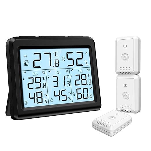 KeeKit Indoor Outdoor Thermometer, Temperature Humidity Monitor with 3 Wireless Sensors, Hygrometer Meter Gauge with LCD Backlight, Min/Max Record for Home, Office, Restaurants, Bars – Black