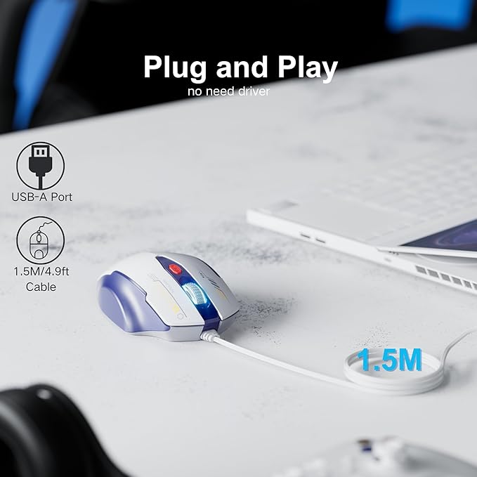Uineer Wired Mouse, 4 Levels Adjustable DPI, 6 Programmable Buttons, Ergonomic Computer Wired Mouse for PC Laptop Computer for Office - Plug and Play (Bluewhite)