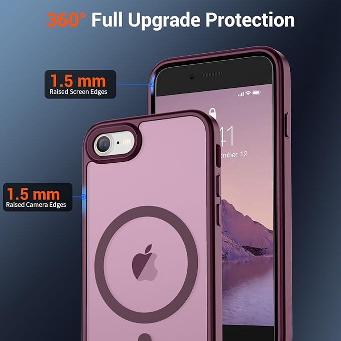 SUPFINE Magnetic for iPhone SE Case 2022 (3rd)/2020 (2nd), iPhone 8 Case (Compatible with MagSafe) (Military Grade Drop Protection) Translucent Matte Phone Case, Wine Red
