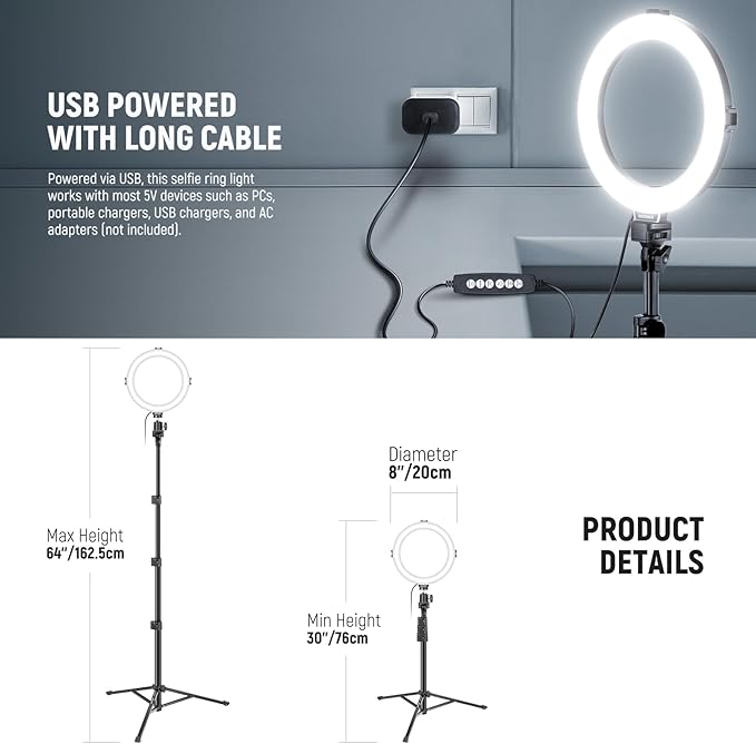 NEEWER Basics 8" RGB LED Ring Light with Tripod Stand, 7 Modes/3200-6500K/10 Dimming Levels, Phone Holder Selfie Ringlight Lighting for iPhone TikTok Vlog Makeup Video Recording Streaming, R08