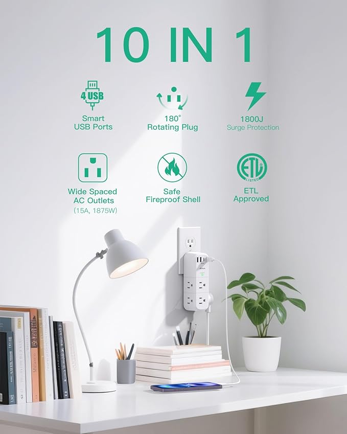Surge Protector Outlet Extender with Rotating Plug, 6 AC Multi Plug Wall Outlets and 4 USB Ports, 1800 Joules, Swivel Power Strip Electrical Splitter for Home Decor Apartment Dorm Room Essentials