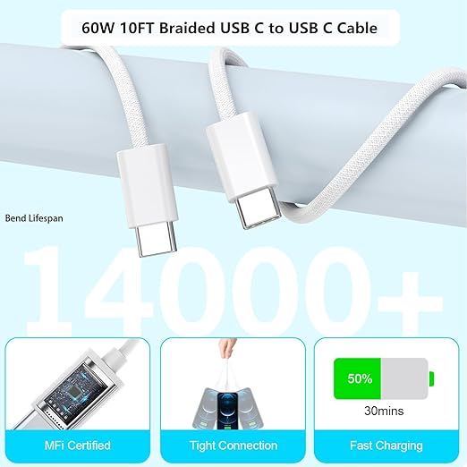 10Foot USB C-C Woven Fast Charging Cable,Apple 40W 4 Port USB C Wall Charger Block with 10FT Type C Charging Cable Cord PD&AC 40W Adapter for iPhone 17Air/17 Pro/16/16e/16 Pro Max/15/iPad Pro/Air/Mini
