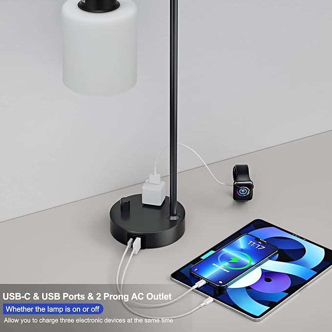 Industrial Bedroom Table Lamps for Bedside - White Opal Glass Shade Desk Lamps with USB C Port, Fully Dimmable Black Lamps with USB Port and Outlet, Reading Nightstand Lamp for Office Living Room