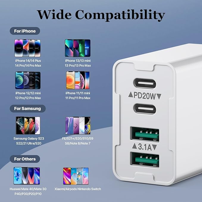 USB C Wall Charger, 40W 4-Port USB C Charger Block, Fast Charging Block Dual Port PD+QC Wall Plug Multiport Type C for iPhone 14/13/12/11/Pro Max/XS/XR/8/7, iPad, Samsung Phone, Tablet