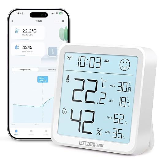 WiFi Indoor Hygrometer Thermometer, Smart Digital Bluetooth Humidity Temperature Gauge with Large LCD Display, Notification Alert with Max Min Records, 1-Years Data Storage Export for Room