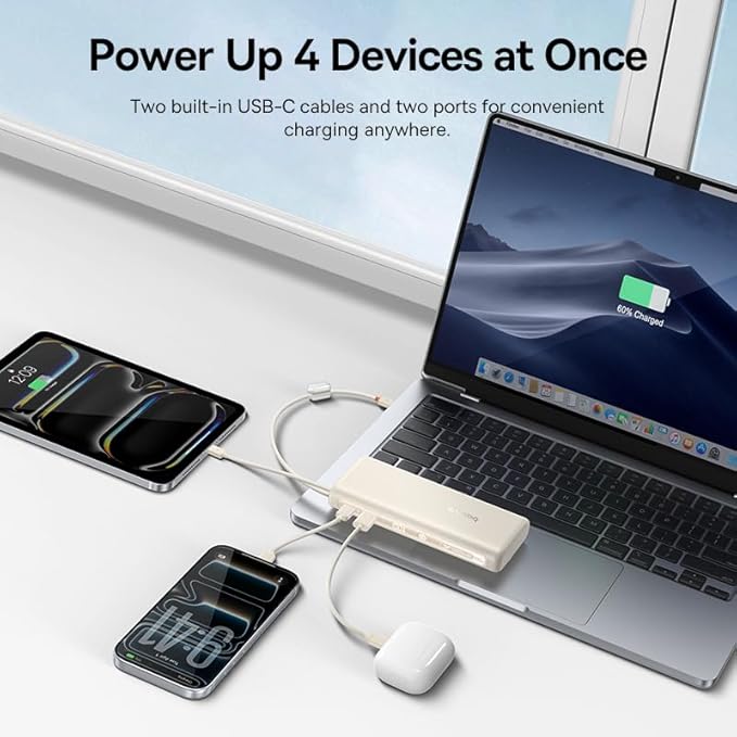 Baseus Portable Charger with Built in Cable, 100W Laptop Power Bank 20000mAh, Travel Essential Fast Charging USB C Battery Pack for MacBook, iPhone 17/16 Series, Samsung Galaxy S25/24, TSA-Approved