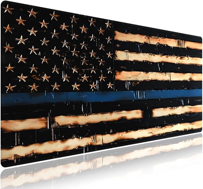 Extra Large Gaming & Office Mouse Pad (31.5" x 11.8") – Rustic Wood American Flag Retro US Thin Blue Line Design, Anti-Slip XXL Desk Mat with Durable Stitched Edges & Smooth Cloth Surface