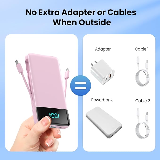 Portable Charger for iPhone,13800mAh Slim Power Bank with Built-in Cables & AC Wall Plug,All in One 4 Outputs USB C Fast Charging Battery Pack for iPhone 17/16/15/14,Android,Travel Essential (Pink)
