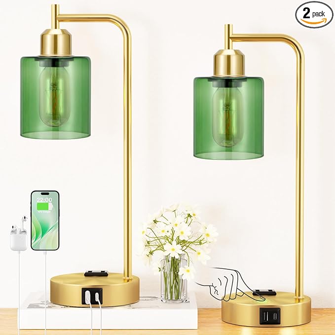 Innqoo Industrial Green Table Lamps for Bedrooms Set of 2-3-Way Dimmable Desk Lamp with USB C+A Ports and Outlet, Gold Lamps with Green Glass Shade for Living Room