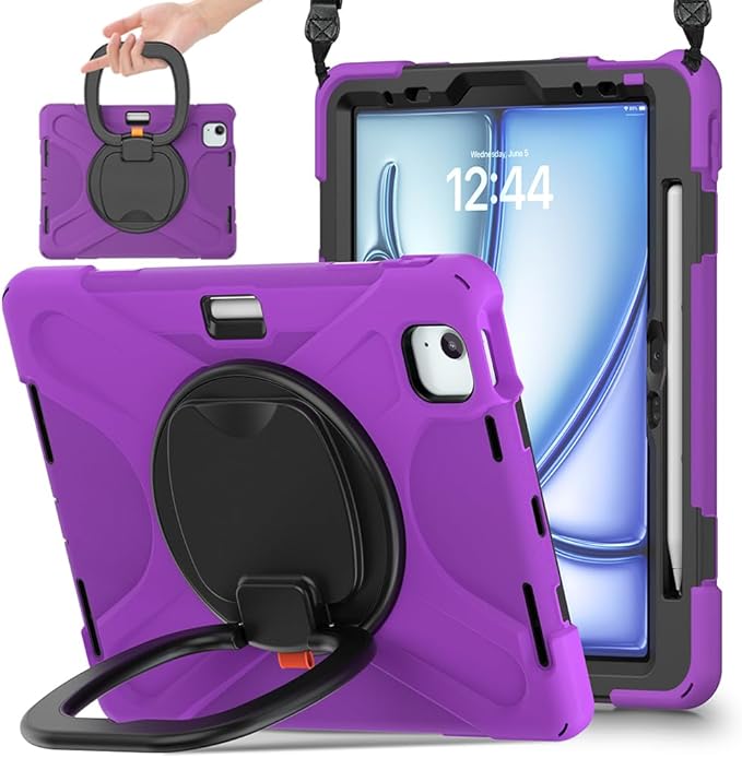 SCSVPN Case for iPad Air 11 Inch M4/M3/M2 (2026/2025/2024), iPad Air 10.9'' 5th/4th Gen 2022/2020, iPad Pro 11 4th/3rd/2nd/1st Gen, Protective Kids Case with Pen Holder, Stand, Shoulder Strap, Purple