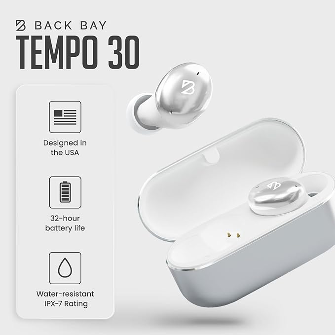 Back Bay Audio Tempo 30 Wireless Earbuds for Small Ears - Award-Winning Sound, Sweatproof Bluetooth Earbuds, Tech Fitness Gifts for Men, Comfortable Bluetooth Ear Buds for Women - Silver