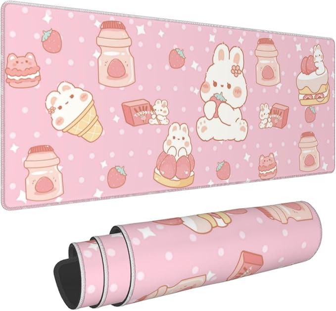 Kawaii Rabbit Strawberry Gaming Mouse Pad Extended Large Mouse Mat 31.5 X 11.8 Inch Nonslip Rubber Base Long Desk Pad Stitched Edges Mousepad Mice Pad for Office Home Game