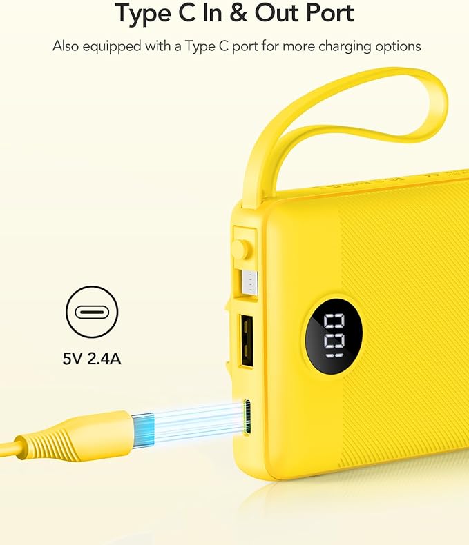 VRURC Portable Charger with Built-in Cables, USB C Portable Phone Charger 10000mAh, Lightweight Power Bank with 5 Output 2 Input Compatible with iPhone 17 16 15 13,Samsung,Android etc-Yellow(1 Pack)
