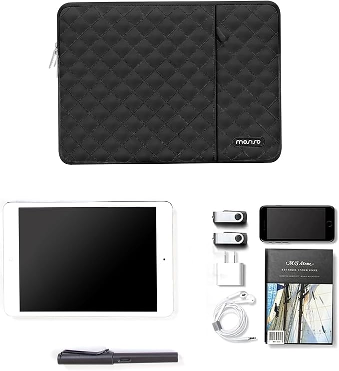 MOSISO 9-11 inch Tablet Sleeve Case for iPad A16 2025, iPad Air 11 inch M3 M2, iPad Pro 11 M4, iPad 10/9/8/7th, Galaxy Tab A9+/S9/S8/Plus 11, Square Quilted Vertical Bag with Small Case, Black