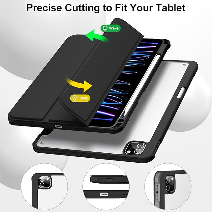JKSML Case for iPad Pro 11, Case with Pencil Holder for iPad Pro 11 Inch 4th/3rd/2nd Generation 2022/2021/2020, Transparent Protective Cover for iPad Pro 11, Supports Pencil 2 Charging, Black