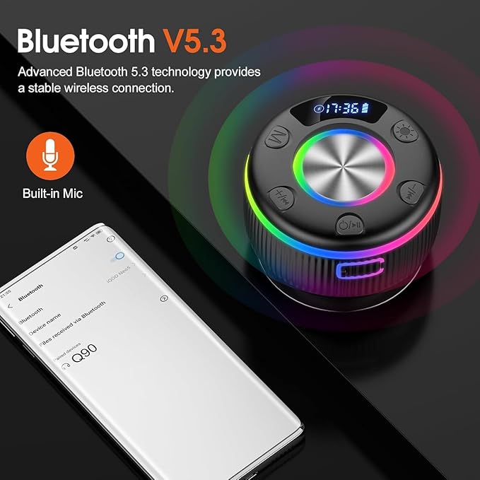 Bluetooth Shower Speaker, IP7 Waterproof Portable Bluetooth 5.3 Speakers with Suction Cup, Mini Wireless Speaker with RGB Lights Time Display, Loud Stereo Sound for Bathroom Beach Outdoor Party Gift
