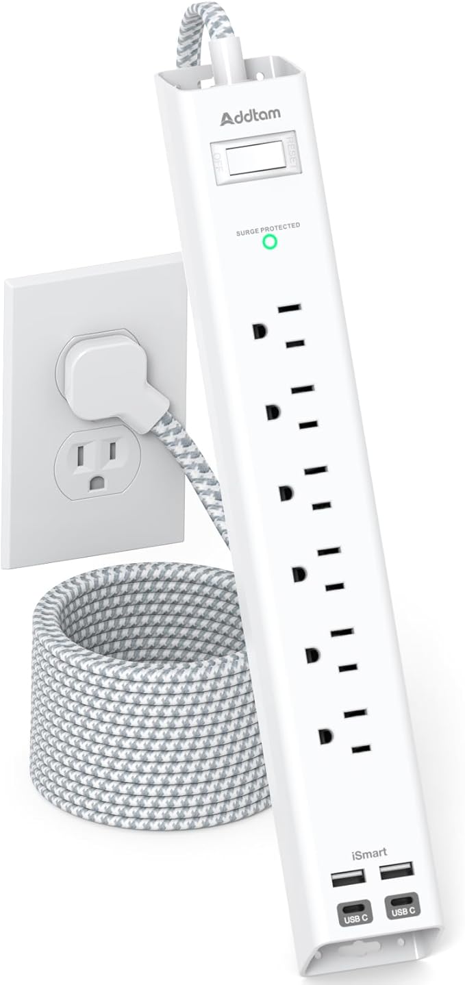 Extension Cord 10 ft - Long Power Strip Surge Protector, 6 AC Outlet 4 USB (2 USB C), Flat Plug, Wall Mount, Multi Plug Outlet Extender Desk Charging Station for Home Office Dorm Room Essentials
