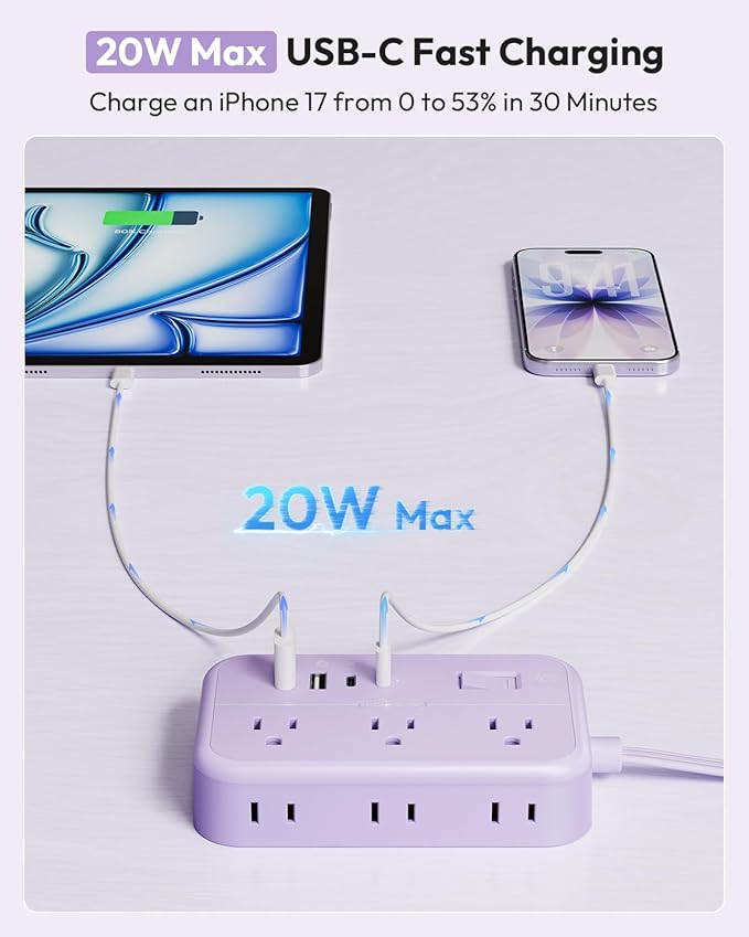 Purple Extension Cord Surge Protector Power Strip with 6 Outlets 4 USB Ports(20W), Flat Extension Cord with Multiple Outlets, 5 ft Flat Plug Outlet Extender for Indoor, Office