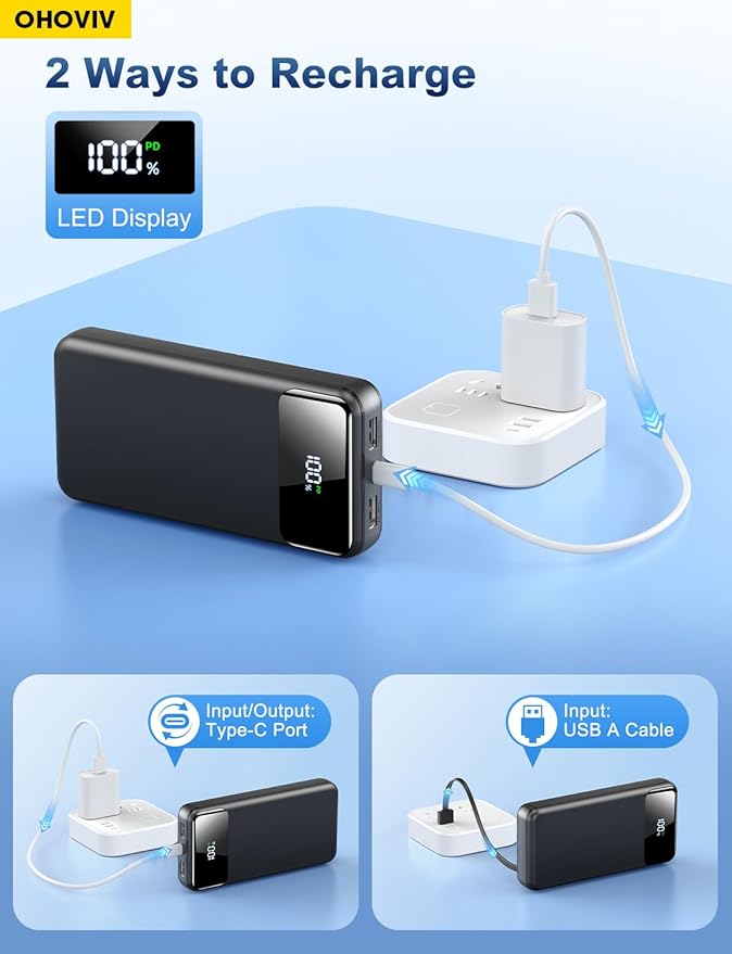OHOVIV Portable Charger Power Bank 50000mAh Battery Pack, 22.5W Fast Charging PowerBank with Built in Cables,Travel Essential USB-C Portable Phone Charger for iPhone Samsung Pixel Android iPad