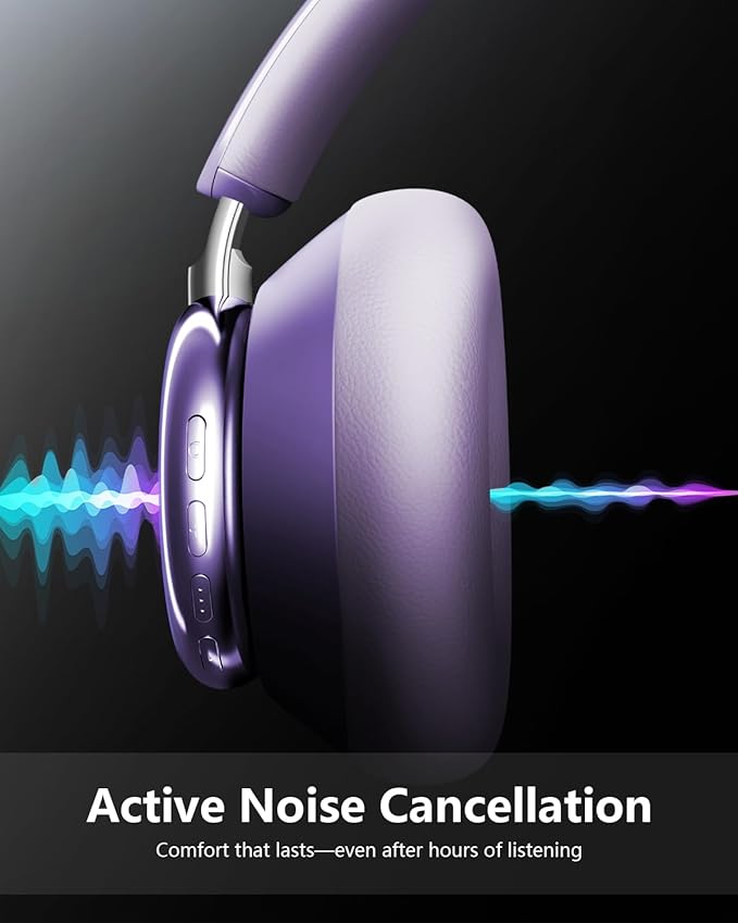 Wentronic Y03 Bluetooth Headphones Wireless Active Noise Cancelling Over Ear Headphones 48 Hours Playtime High Sound Quality 6 EQ Music Mode Headphones with Soft Ear Cushion - Purple