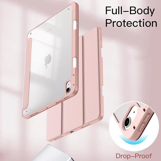 JETech Case ONLY for iPad Air 11-Inch M4/M3/M2 (2026/2025/2024), iPad Air 5/4 (2022/2020 5th/4th) with Pencil Holder, Clear Transparent Back Slim Stand Shockproof Tablet Cover (Rose Gold)