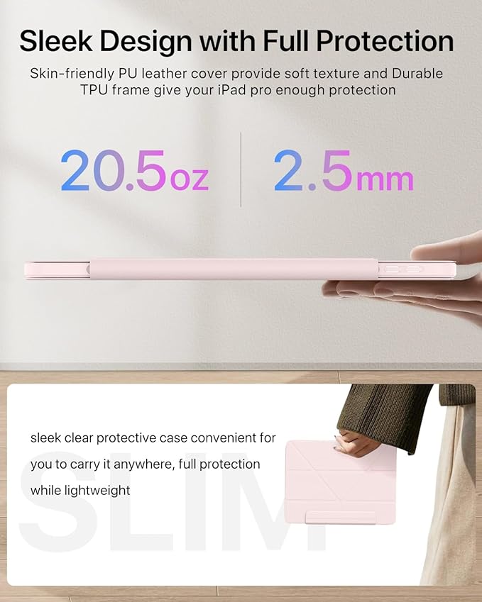 for iPad Pro 13 inch Case M5/M4 (2025/2024), Multi-Angle Y Fold Stand Magnetic Premium PU Leather Full Protective Case with Hidden Pencil Holder (Pastel Pink)