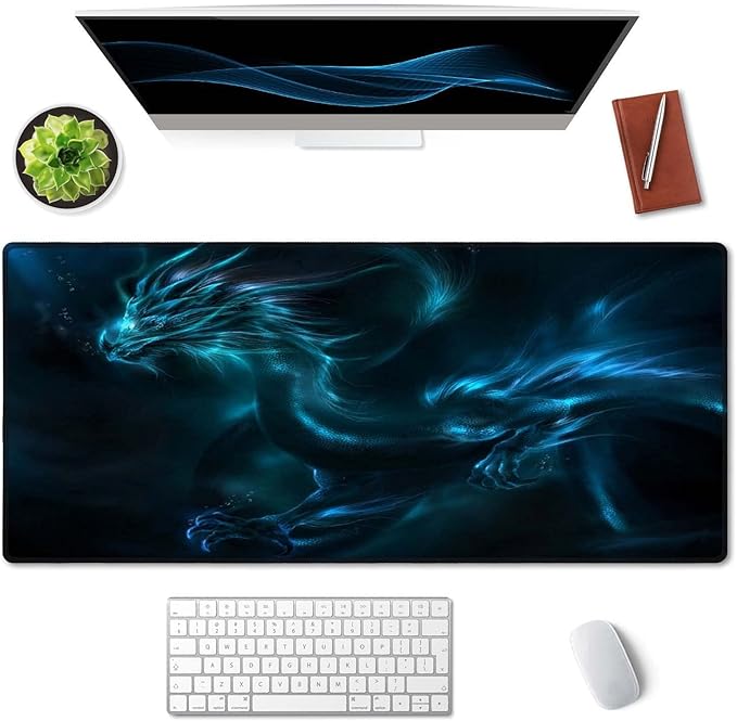 SSOIU Extended Mouse Pad, XXL Gaming Mouse Pads, Large Big Mousepad Laptop Computer Keyboard Mat Desk Pad with Non-Slip Base Stitched Edge for Gaming Office, 35.5 x 15.7 inch, Blue Dragon