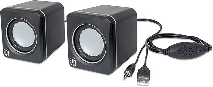 MANHATTAN USB Powered Stereo Speaker System - Small Size - with Volume Control & 3.5 mm Audio Plug to Connect to Laptop, Notebook, Desktop, Computer - 3 Yr Mfg Warranty - Black Silver, 166898
