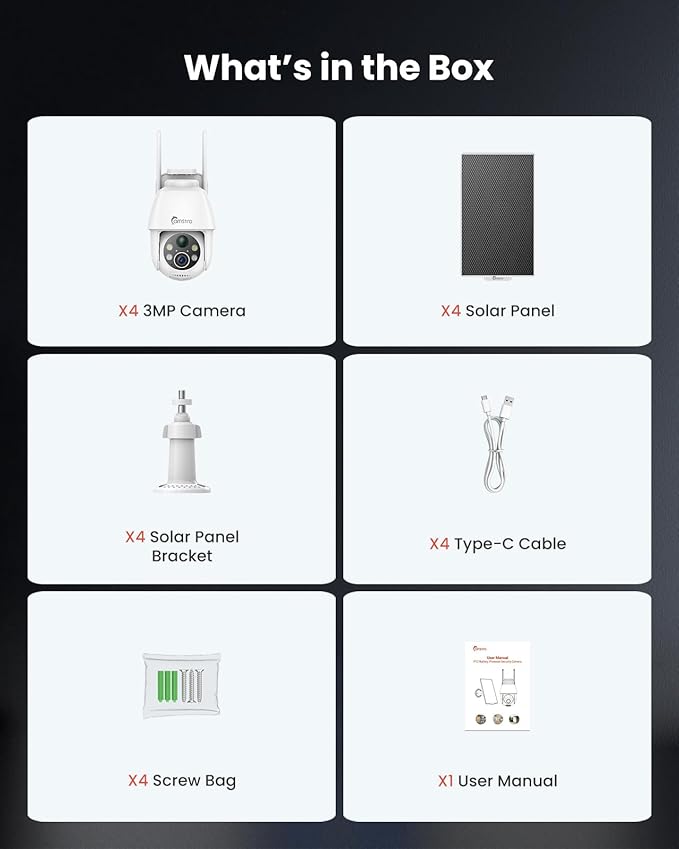 4pcs Solar Security Cameras Wireless Outdoor, 2K WiFi 6 Battery Cameras System, 360°View, PIR/AI Motion Detection, Color Night Vision, 2-Way Talk, IP66, Alexa/Google Assistant, No Monthly Fee