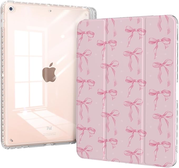 Case for iPad 10.2-inch 9th Generation (2021)/ 8th Generation (2020)/ 7th Gen (2020), Protective Slim Clear Back Cover with Pencil Holder, Trifold Sturdy Stand, Pink Bows