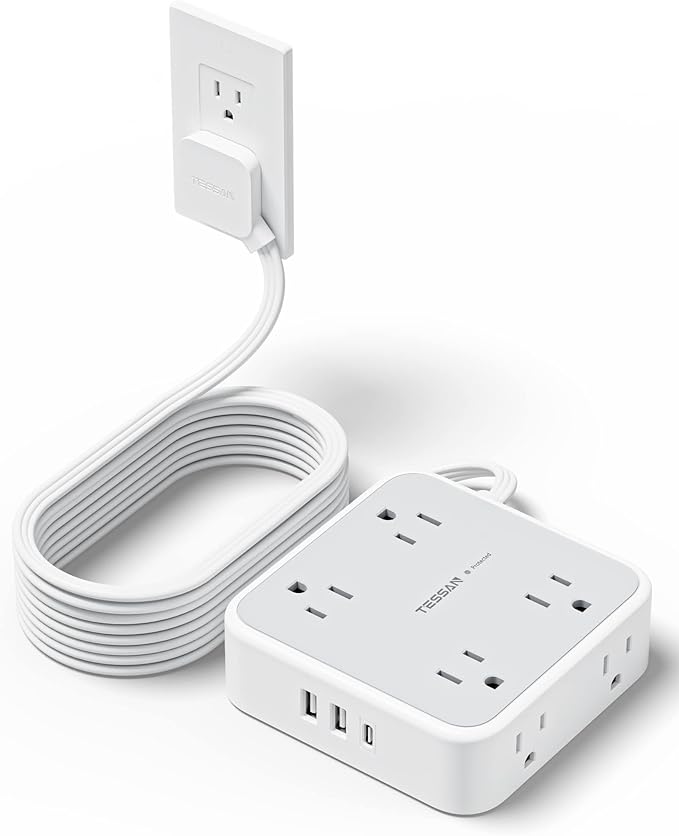 TESSAN Surge Protector Power Strip, 15 Ft Flat Plug Extension Cord with 3 USB (1 USB C) 8 Outlets, 1250W, 900J Protection, 3 Sided Outlet Extender with Power Switch for Office, Dorm Room, Grey